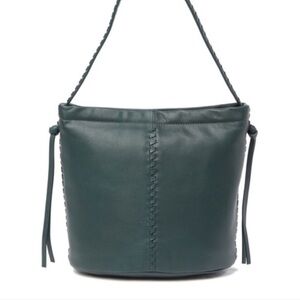 Kooba Limon Leather Hobo Shoulder Bag Braided Boho Bucket Forest Green